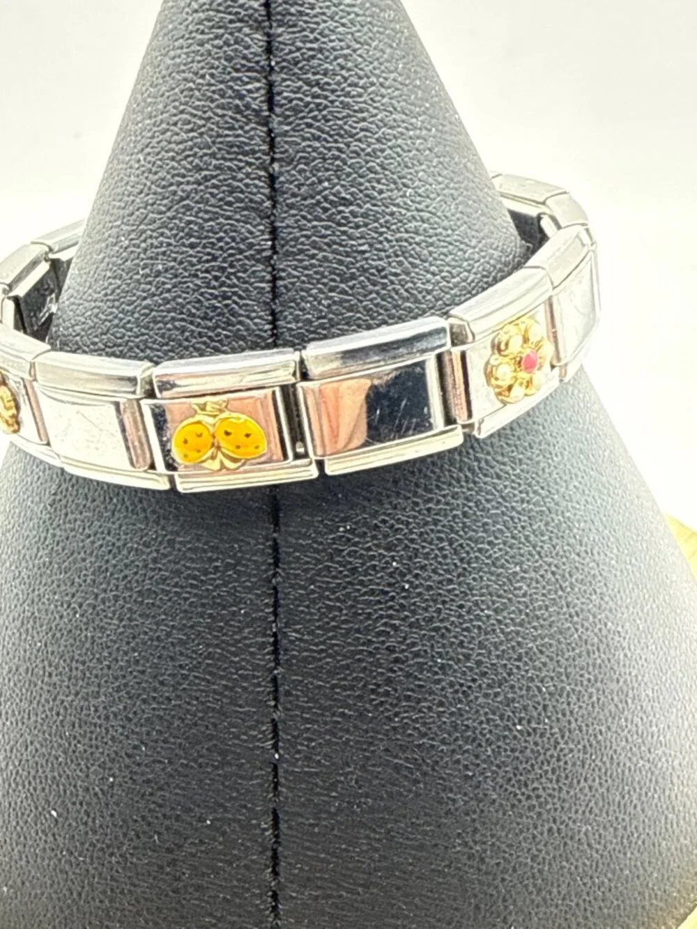 Y2K Italian Charm Bracelet Stainless Steel Enamel Ladybug Gold Tone Flower